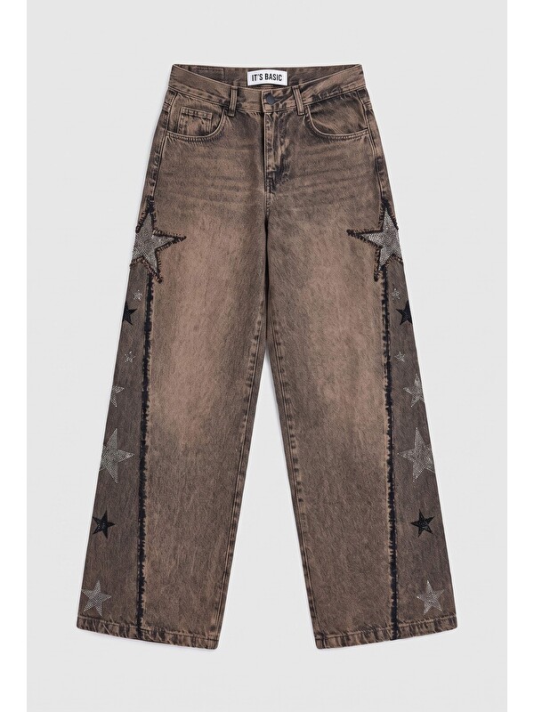 It's Basic Kadın Kahve Jean Rengi T-4w6-88 Palazzo Fit Özel Taş Tasarım Denim Jean