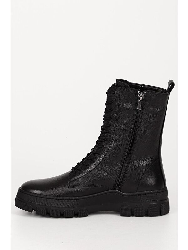 SİYAH Hakiki Deri Yuvarlak Burun Fermuarlı Bağcıklı Kadın Günlük Bot 55415 - Görsel 7