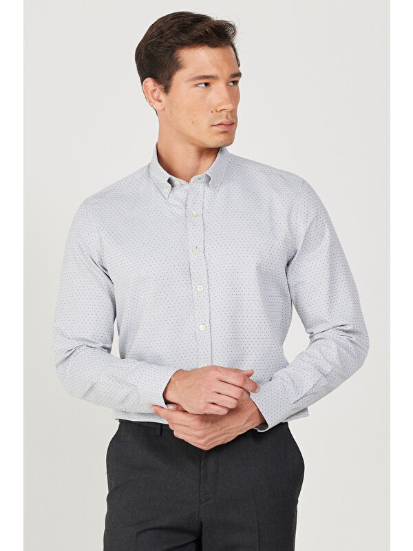 Altınyıldız Classics Erkek Gri Slim Fit Dar Kesim Düğmeli Yaka Armürlü Gömlek