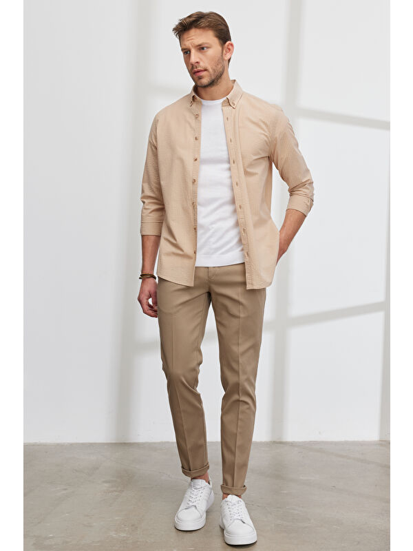 AC&Co / Altınyıldız Classics Erkek Bej Slim Fit Dar Kesim Yan Cepli Pamuklu Esnek Armürlü Pantolon