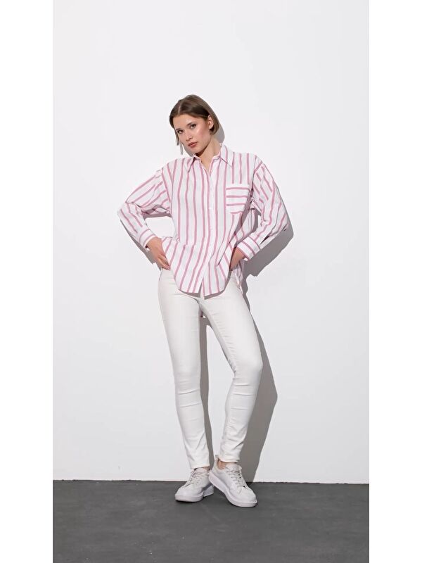 Pera Moda Çizgili Boyfriend Oversize Poplin Kadın Gömlek