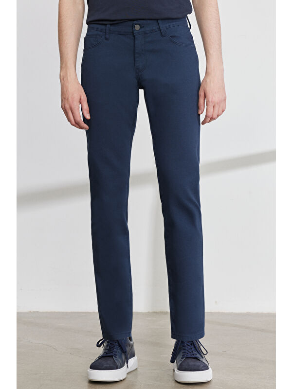 AC&Co / Altınyıldız Classics Erkek Lacivert Slim Fit Dar Kesim 5 Cep Armürlü Esnek Pantolon