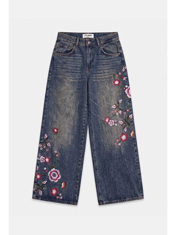 It's Basic Kadın Jean Rengi 4w6-85 Palazzo Fit Renkli Nakış Özel Tasarım Denim Jean