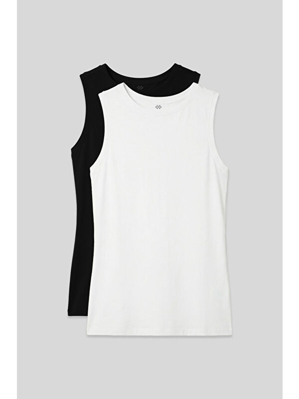 Tommylife Slim Fit Basic O Yaka 2li Paket Siyah-Beyaz Kadın Atlet - 97313