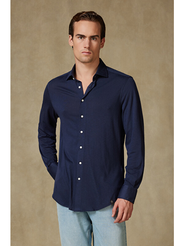 ABBATE Lorenzo Jersey Viskon Karışımlı Comfort Fit Lacivert Klasik Yaka Erkek Düz Gömlek