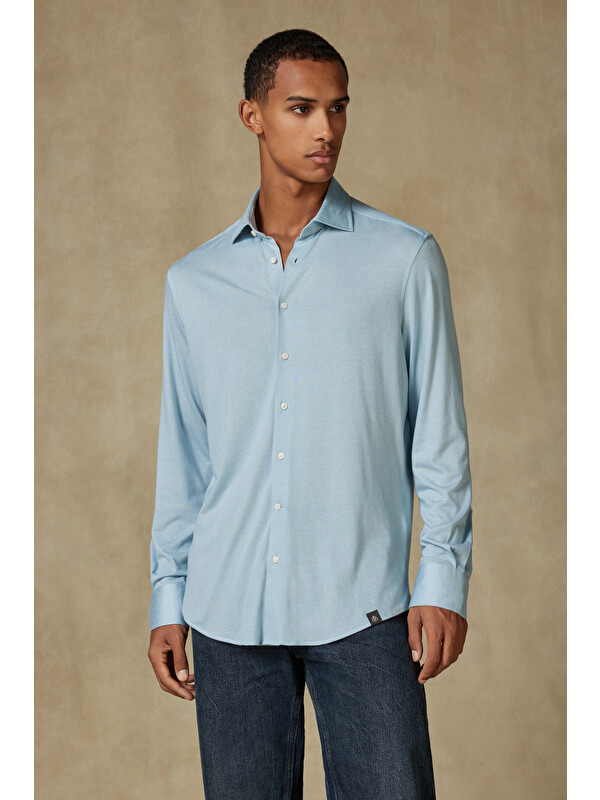 ABBATE Lorenzo Jersey Viskon Karışımlı Comfort Fit Mavi Klasik Yaka Erkek Düz Gömlek