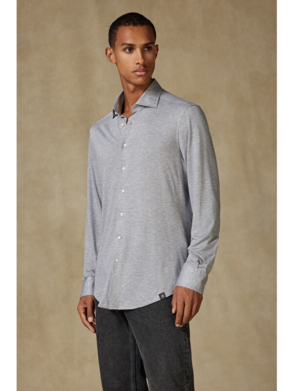 ABBATE Lorenzo Jersey Viskon Karışımlı Comfort Fit Gri Klasik Yaka Erkek Düz Gömlek