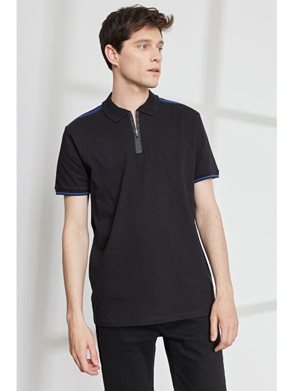 Altınyıldız Classics Erkek Siyah Slim Fit Dar Kesim Polo Yaka Pamuklu Kısa Kollu Tişört