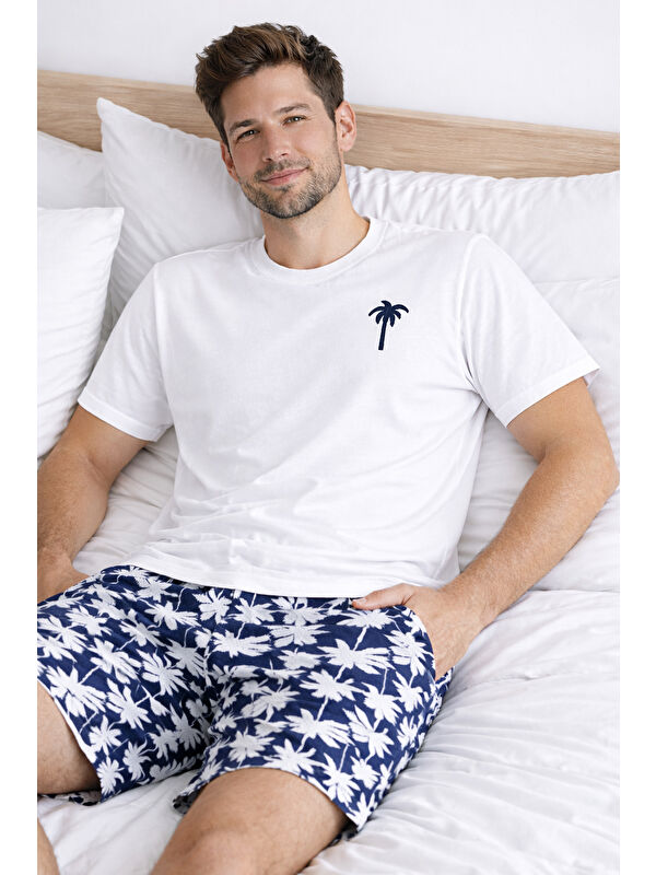 Koza İç Giyim Erkek Pamuklu Kısa Kollu Palmiye Desenli Cepli Şortlu Pijama Takımı
