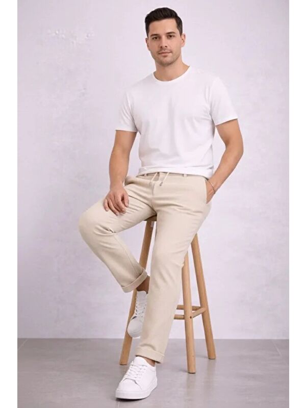 Jane's Erkek Diagonel Mikro Dokulu Duble Paça Cepli Pantolon Bağcıklı Bel, Modern Kesim - Krem