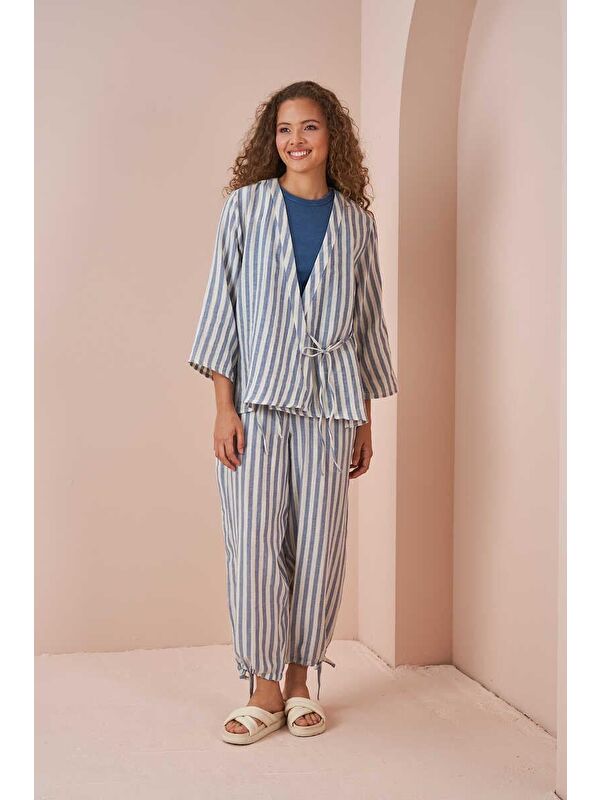 Mevra Kruvaze Kimono Bluz Müslin İnce Çizgili Mavi