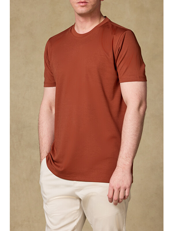 ABBATE Palm Merserize Pamuklu Modern Fit Turuncu Bisiklet Yaka Erkek Düz Shirt