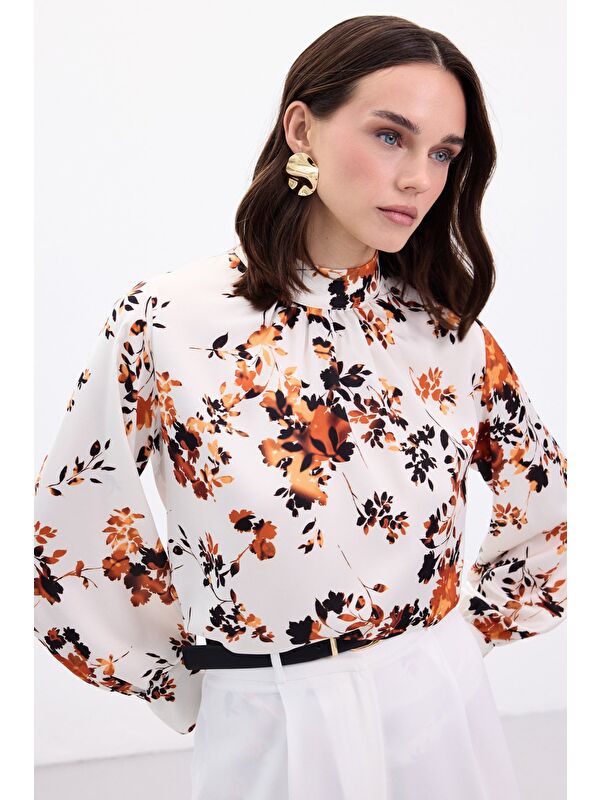 SATEEN Dik Yaka Bluz - Oranj