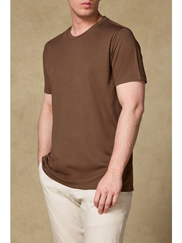 ABBATE Palm Merserize Pamuklu Modern Fit Kahverengi Bisiklet Yaka Erkek Düz Shirt