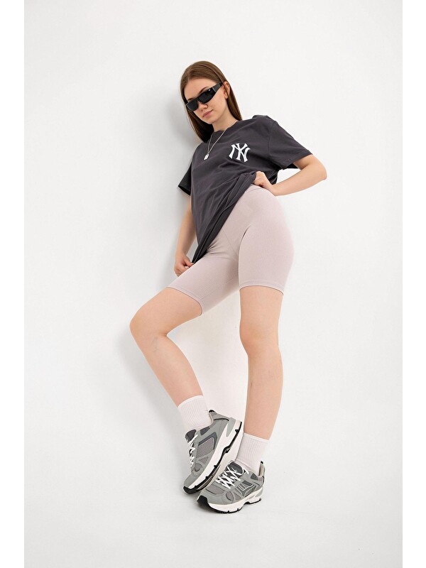 Domoda Yüksek Bel Toparlayıcı Kısa Şort Spor Fitilli Biker Tayt