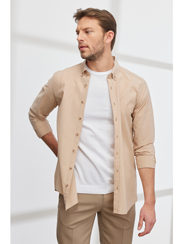 Altınyıldız Classics Erkek Bej Slim Fit Dar Kesim Düğmeli Yaka %100 Pamuk Gömlek