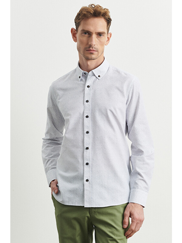 Altınyıldız Classics Erkek Haki Slim Fit Dar Kesim Düğmeli Yaka Baskılı Gömlek