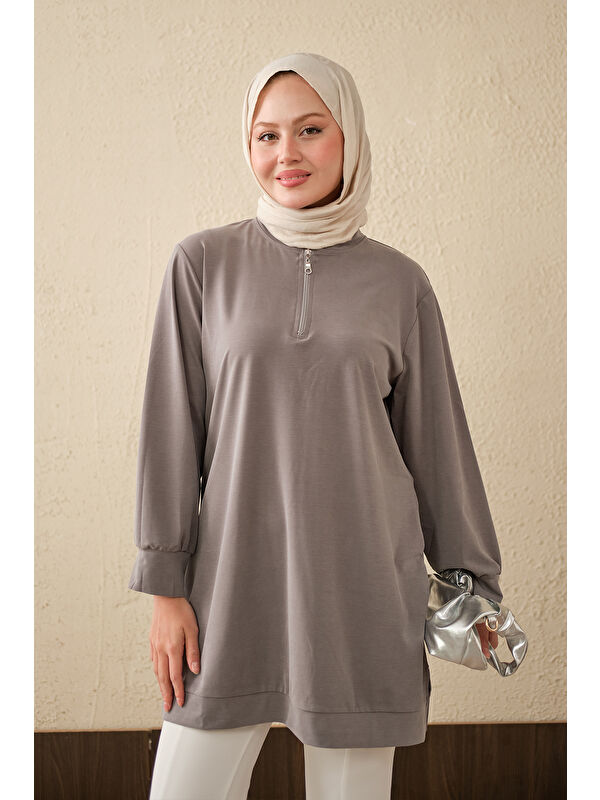 Locco Moda Kadın Yarım Fermuarlı Yırtmaçlı Bisiklet Yaka Uzun Tunik Gri