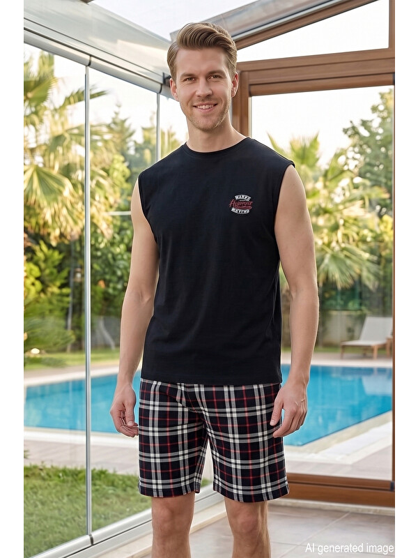 Remsa Erkek Sıfır Kol Şortlu Pijama Takımı 3379 Siyah