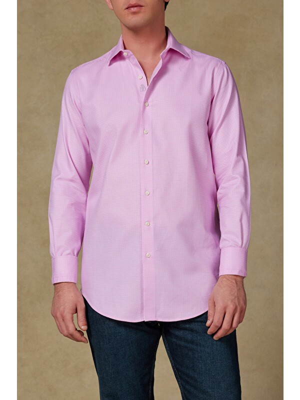 ABBATE Marco Dobby Pamuklu Slim Fit Pembe Klasik Yaka Erkek Desenli Gömlek