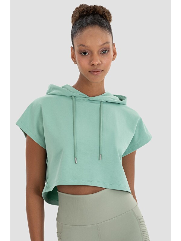 Superstacy Alice Kapüşonlu Kısa Kollu Açık Yeşil Crop Sweatshirt