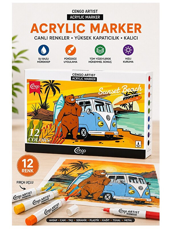 artmaster 12 Renk Akrilik Markör Keçeli Kalem 1 Paket Cengo 12 li Acrylic Marker Taş Cam Metal Seramik Plastik