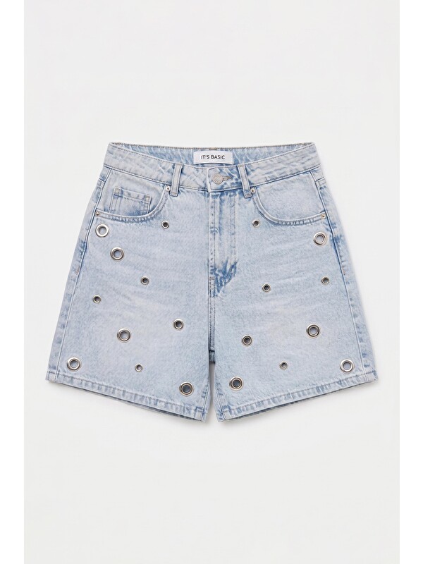 It's Basic Kadın Jean Rengi 4s6-3 Relax Mom Kuş Gözü Detaylı Tasarım Denim Şort