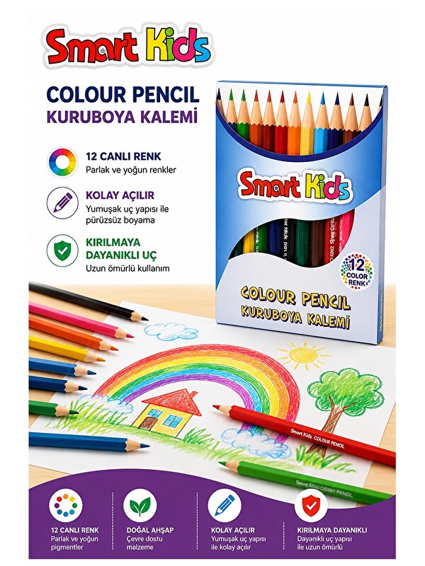Artlantis 12 li Kuru Boya Kalemi 1 Paket Smart Kids 12 Renk Kuruboya Kısa Boy Canlı Renkli Boya Kalem Öğrenci
