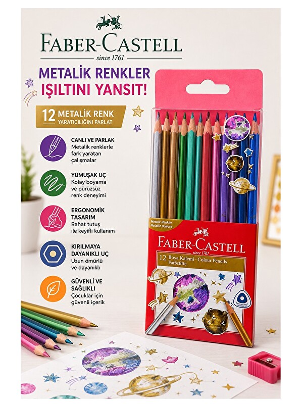 Artlantis 12 li Kuru Boya Kalemi Metalik Renk 1 Paket Faber Castell 12 Renk Kuruboya Tam Boy