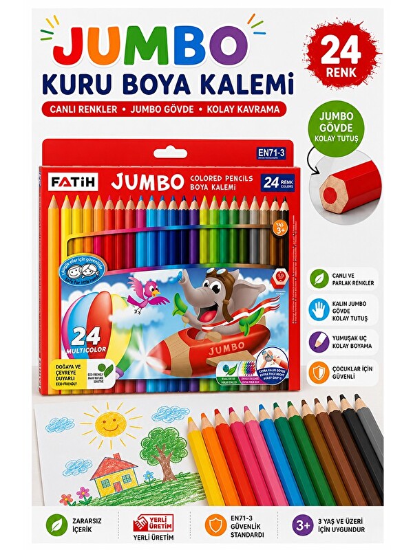 artmaster 24 lü Jumbo Kuru Boya Kalemi 1 Paket Kalın 24 Renk Jumbo Kuruboya Tam Boy Renkli Kalem