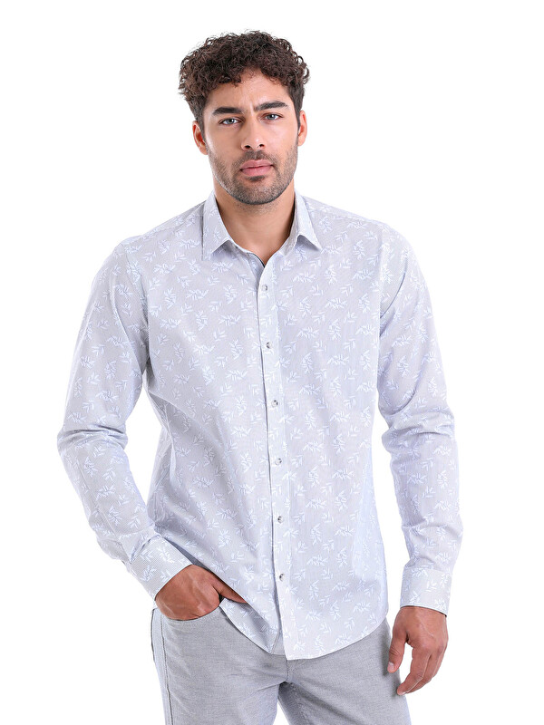 Hatemoğlu Gri Comfort Fit Baskılı 100% Pamuk Slim Yaka Uzun Kollu Casual Gömlek