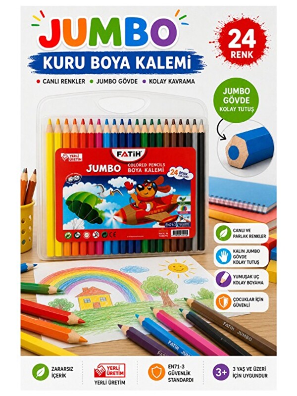 Artlantis 24 lü Jumbo Kuru Boya Kalemi Plastik Kutulu 1 Paket Fatih Kalın 24 Renk Jumbo Kuruboya Tam Boy