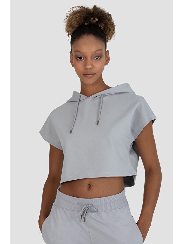 Superstacy Alice Kapüşonlu Kısa Kollu Gri Crop Sweatshirt