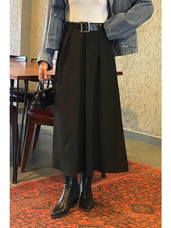 Lamelif Kemerli Tesettür Etek Siyah