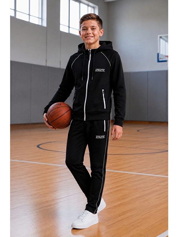 Pina Kids Erkek Çocuk Atheletic Reglan Kol Kapüşonlu Düz Paça Dalgıç Kumaş Eşofman Takımı ESF7019