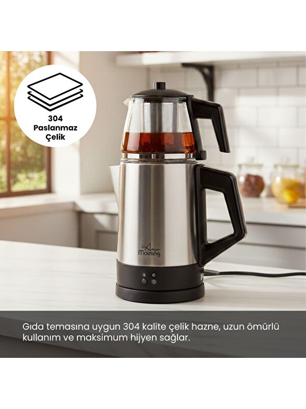 Any Morning OZ26CM05 Cam Demlikli Paslanmaz Çelik Çay Makinesi