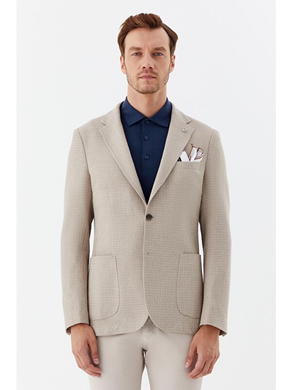 Sabri Özel Erkek Koyu Bej Normal Kesim Regular Fit Keten Torba Cep Klasik Yaka 6 Drop Blazer Ceket