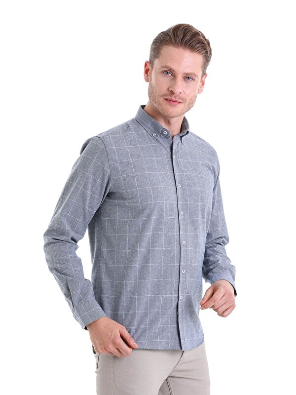 Hatemoğlu Lacivert Comfort Fit Desenli Düğmeli Yaka Uzun Kollu Casual Flanel Gömlek