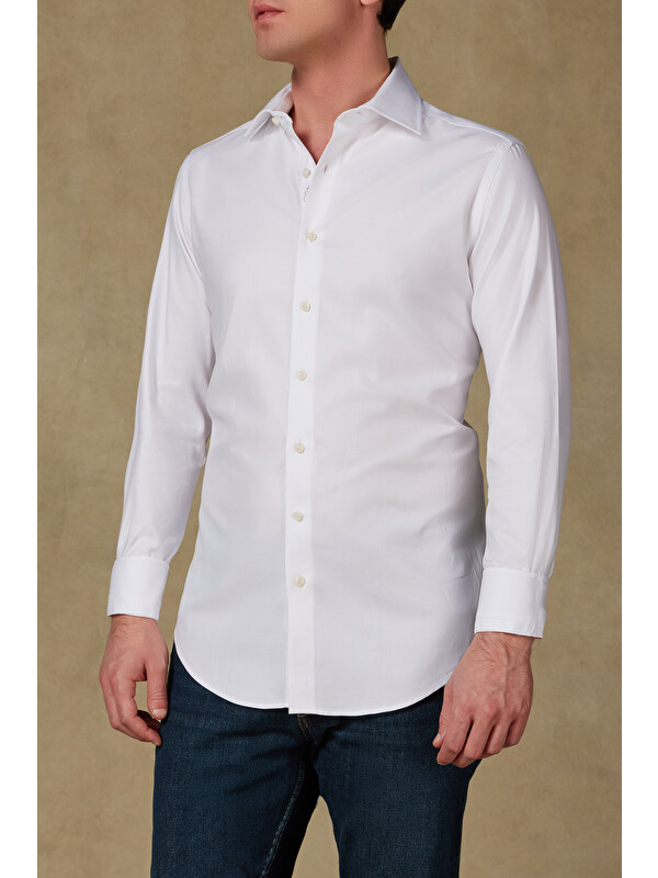 ABBATE Marco Twill Pamuklu Slim Fit Beyaz Klasik Yaka Erkek Düz Gömlek