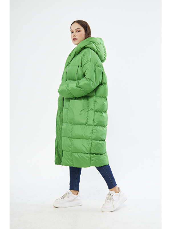 Comstar Kadın Siyah Kapüşonlu Uzun Oversize Şişme Mont