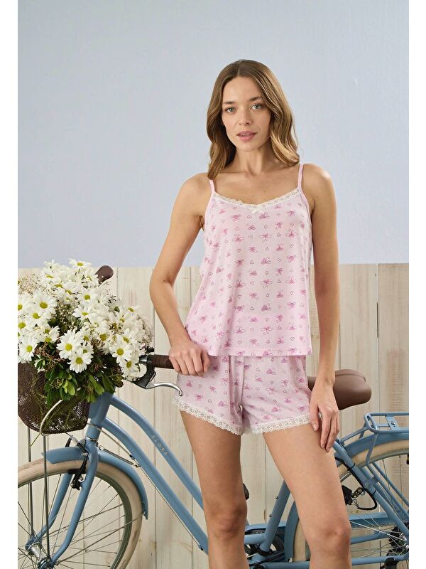 Formo Kadın Pembe Kalpli İp Askılı Şortlu Pijama Takımı