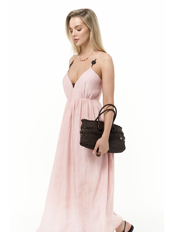Mai Collection Aden Boncuk Detay Pembe Elbise