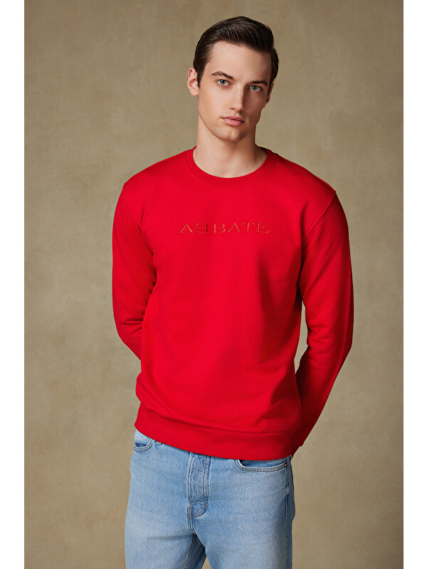 ABBATE Sweatshirt Örme Kumaş Pamuklu Comfort Fit Kırmızı Bisiklet Yaka Erkek Nakışlı Sweatshirt