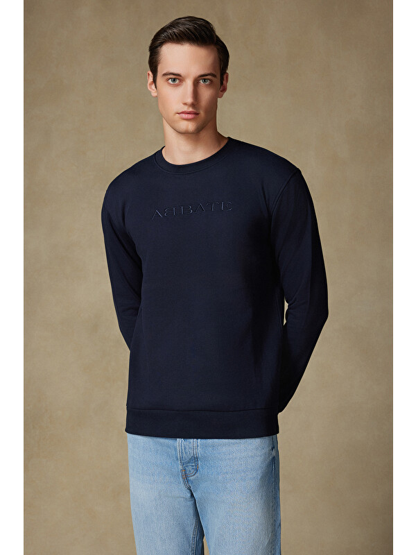 ABBATE Sweatshirt Örme Kumaş Pamuklu Comfort Fit Lacivert Bisiklet Yaka Erkek Nakışlı Sweatshirt