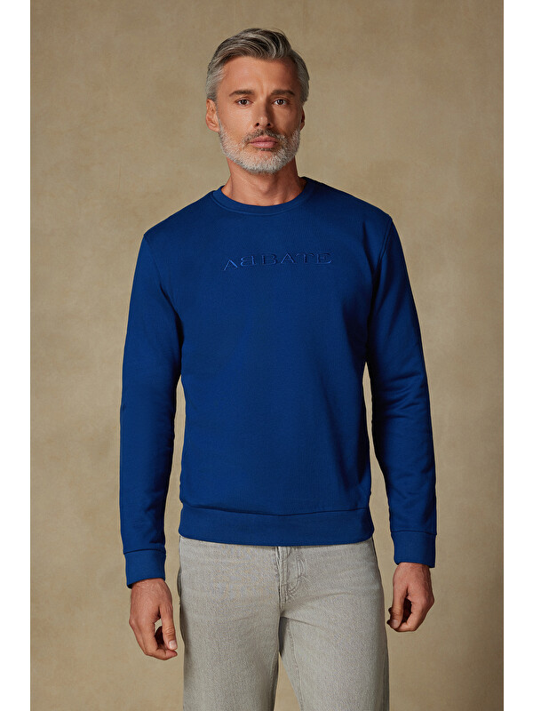 ABBATE Sweatshirt Örme Kumaş Pamuklu Comfort Fit Saks Bisiklet Yaka Erkek Nakışlı Sweatshirt