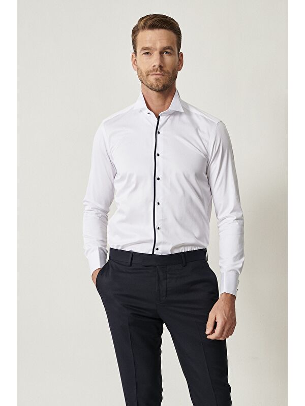 Altınyıldız Classics Erkek Beyaz-Lacivert Damatlık Ata Yaka Tailored Slim Fit Gömlek