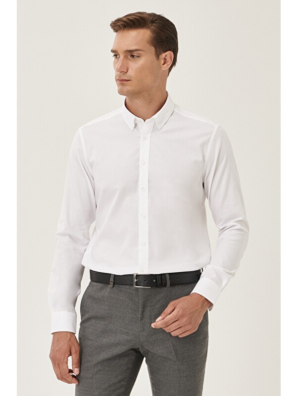 Altınyıldız Classics Erkek Beyaz Ütü Gerektirmeyen Taılored Slim Fit Dar Kesim Düğmeli Yaka %100 Pamuk Gömlek