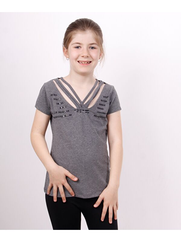 Toontoykids Kız Çocuk Yaka Biyeli Taşlı Tişört