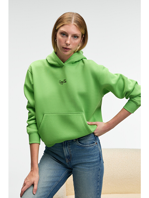 GRIMELANGE MELUREA Kadın Nakışlı Kapüşonlu Comfort Fit FISTIK YEŞİLİ Sweatshirt