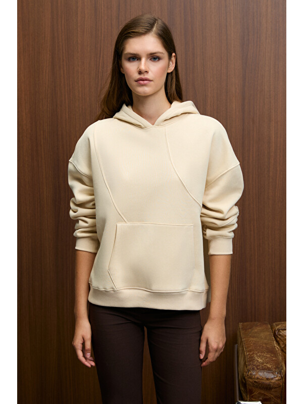 GRIMELANGE ELYRA Kadın Oversize Dikiş Detaylı Kapüşonlu VİZON Sweatshirt